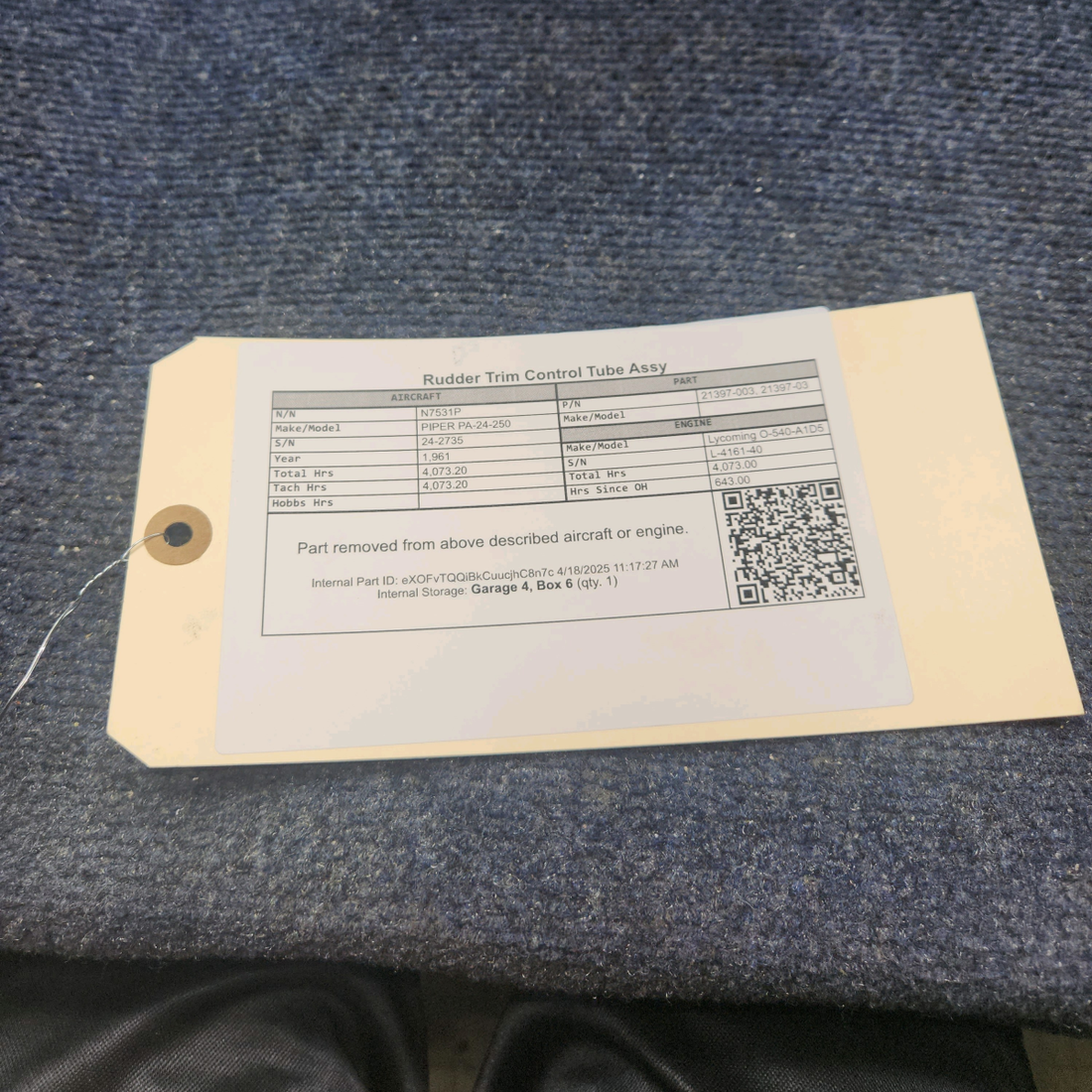 Used aircraft parts for sale, 21397-003 PIPER PA-24-250 Rudder Trim Control Tube Assy