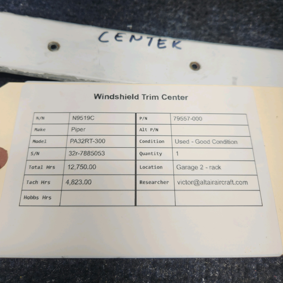 Used aircraft parts for sale, 79557-000 Piper PA32RT-300 WINDSHIELD TRIM CENTER