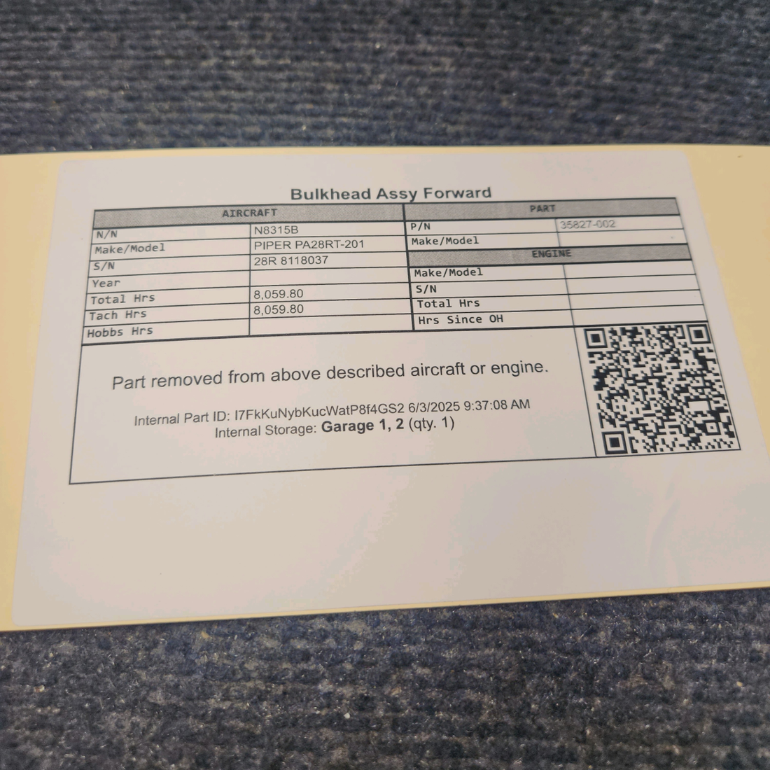 Used aircraft parts for sale, 35827-002 PIPER PA28RT-201 Bulkhead Assy Spinner Forward