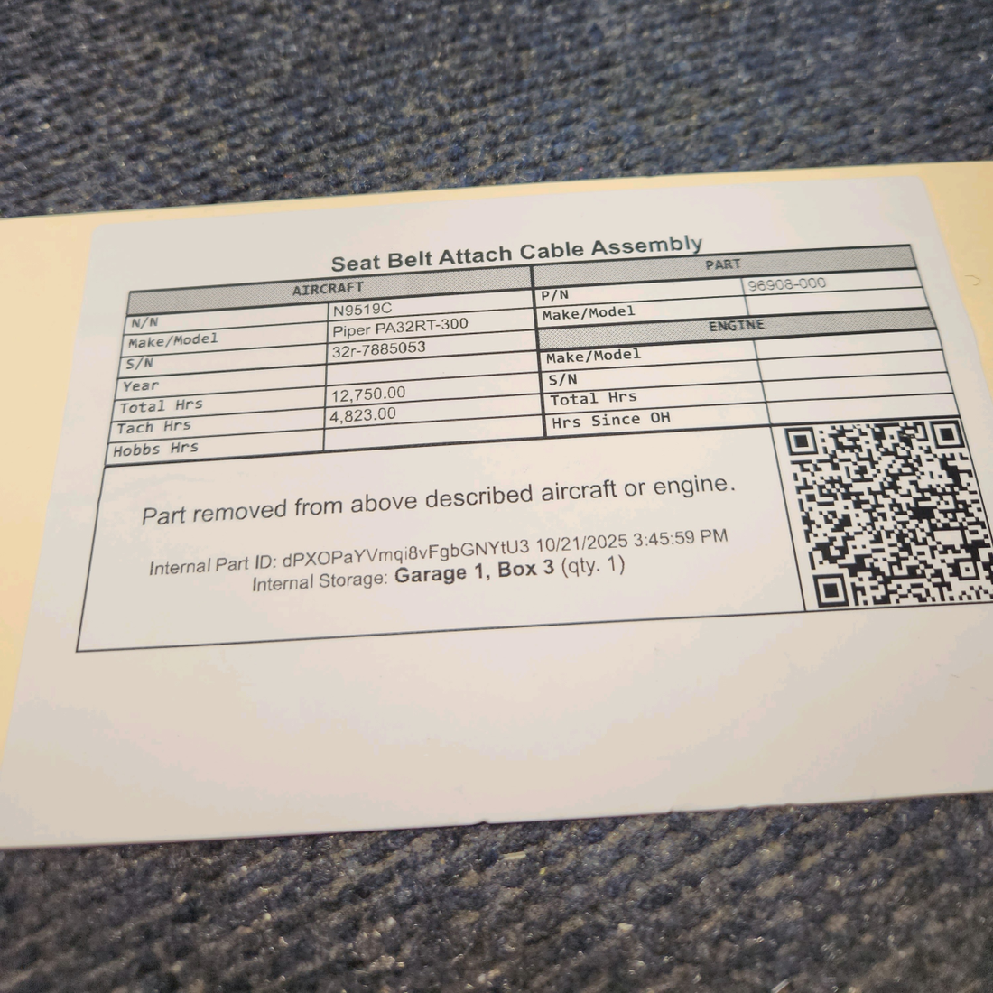 Used aircraft parts for sale, 96908-000 Piper PA32RT-300 Seat Belt Attach Cable Assembly