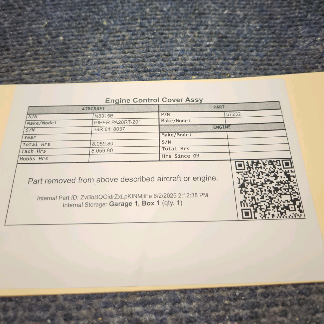 Used aircraft parts for sale, 67232-041 PIPER PA28RT-201 Engine Control Cover Assy