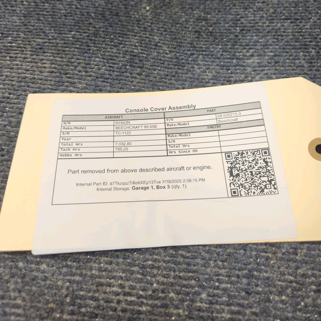 Used aircraft parts for sale, 58-530210-3 BEECHCRAFT 95-55B Console Cover Assembly