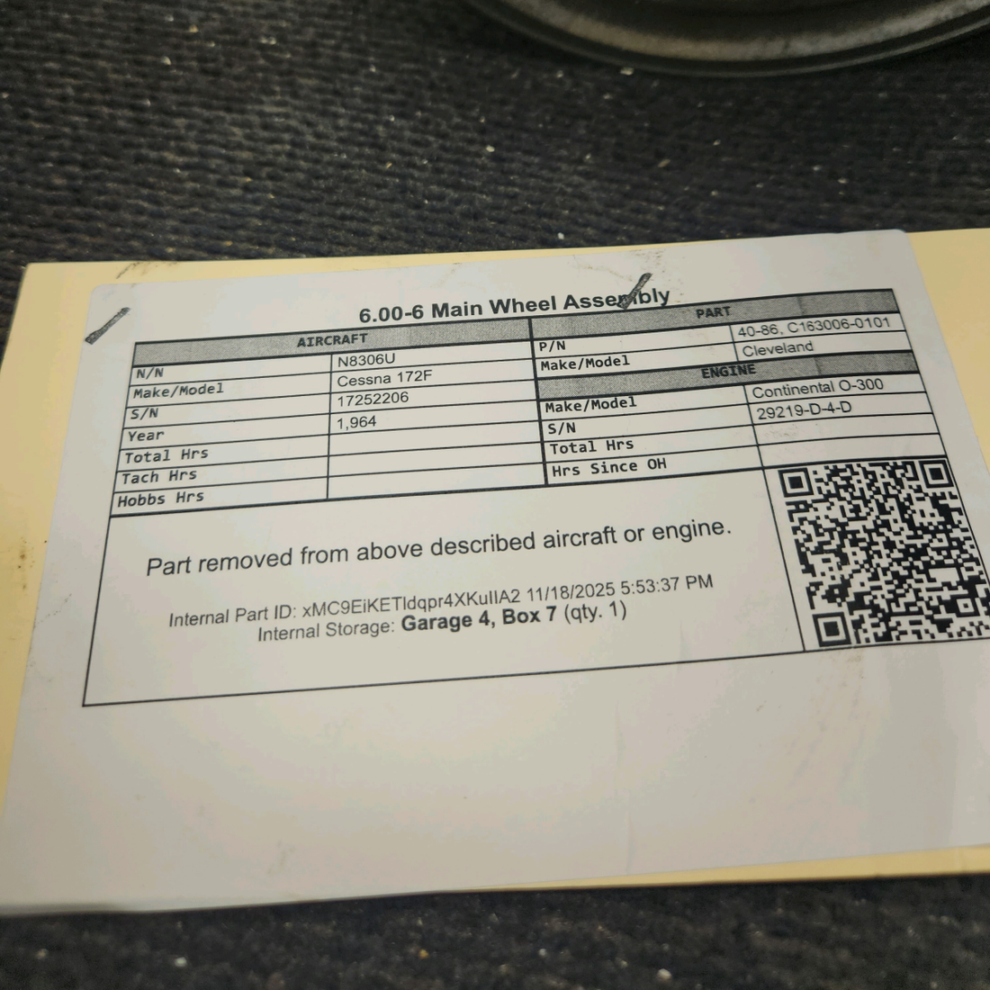 Used aircraft parts for sale, 40-86 Cleveland Cessna 172F 6.00-6 Main Wheel Assembly