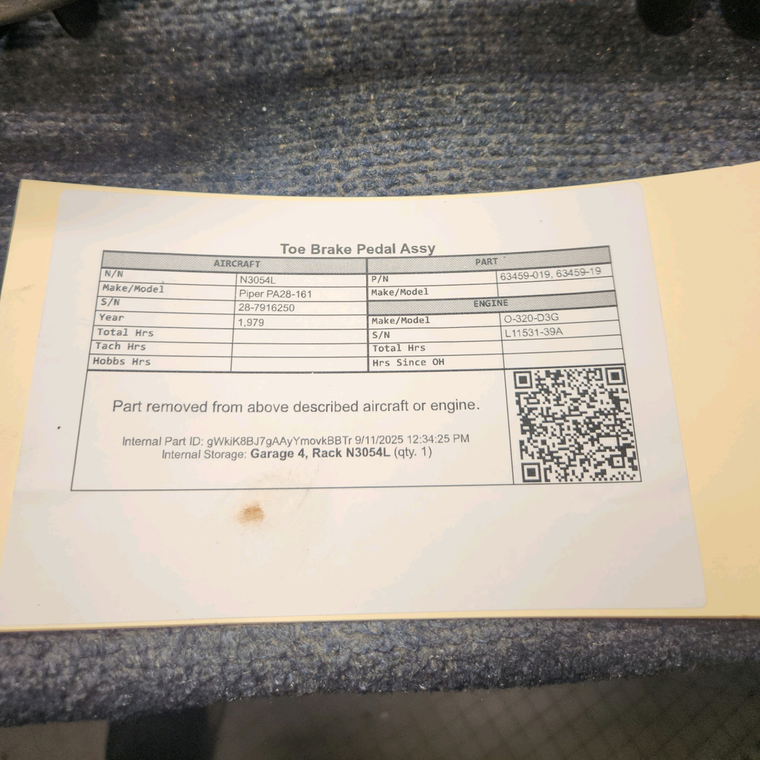 Used aircraft parts for sale, 63459-019 Piper PA28-161 Toe Brake Pedal Assy