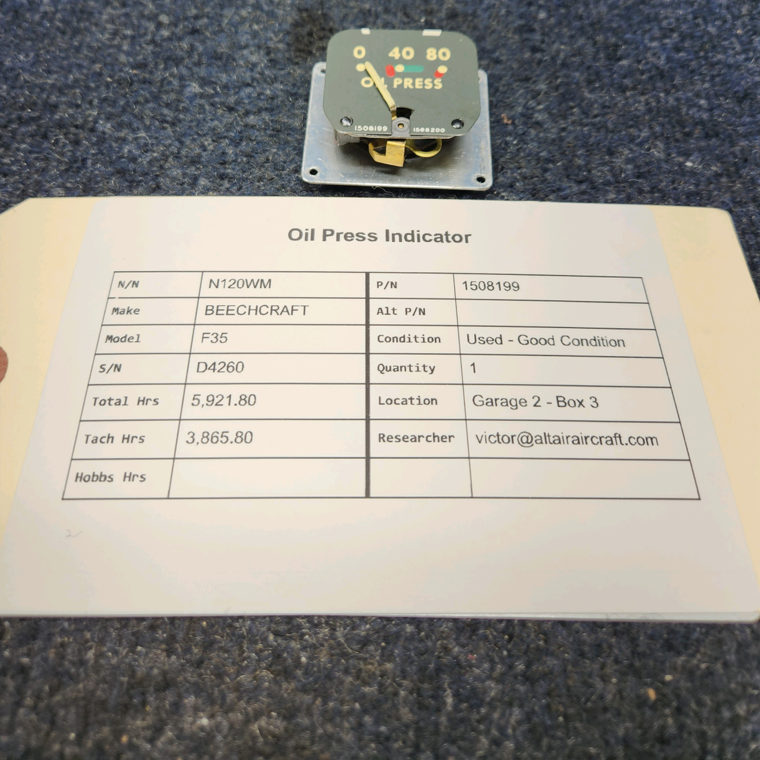 Used aircraft parts for sale, 1508199 BEECHCRAFT F35 OIL PRESS INDICATOR