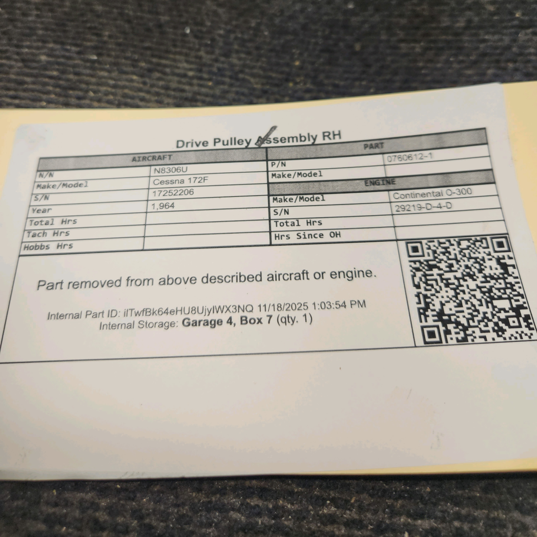 Used aircraft parts for sale, 0760612-1 Cessna 172F Drive Pulley Assembly - RH