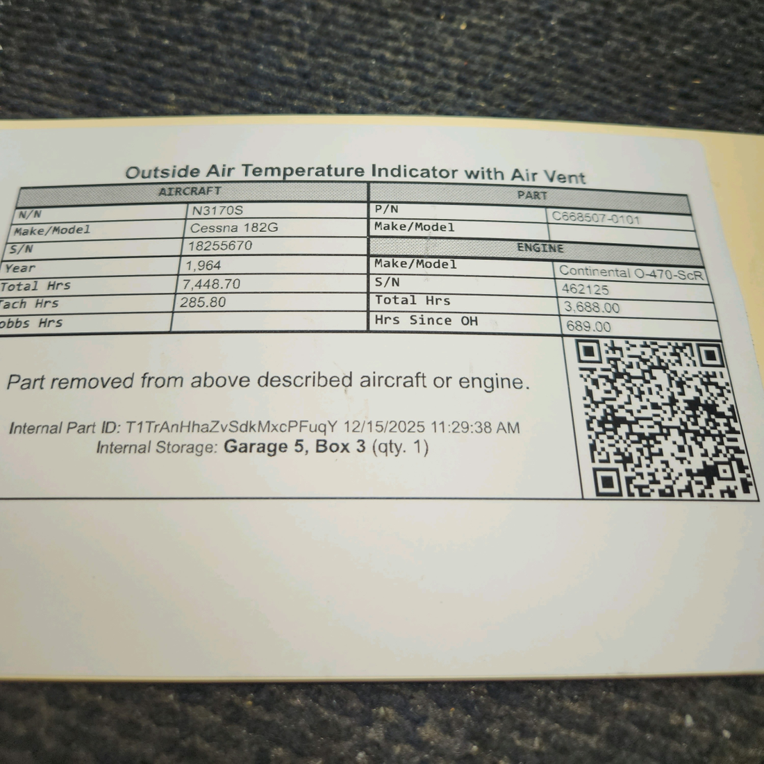 Used aircraft parts for sale, C668507-0101 Cessna 182G Outside Air Temperature Indicator with Air Vent