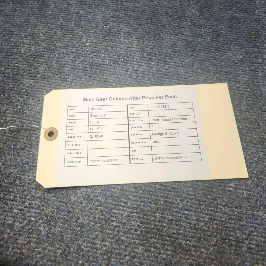 Used aircraft parts for sale, 35-815252-3 Beechcraft F33A MAIN GEAR COLUMN AFTER PRICE PER EACH