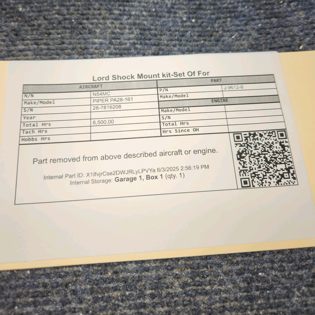 Used aircraft parts for sale, J-9612-8 PIPER PA28-161 Lord Shock Mount kit - Set of Four