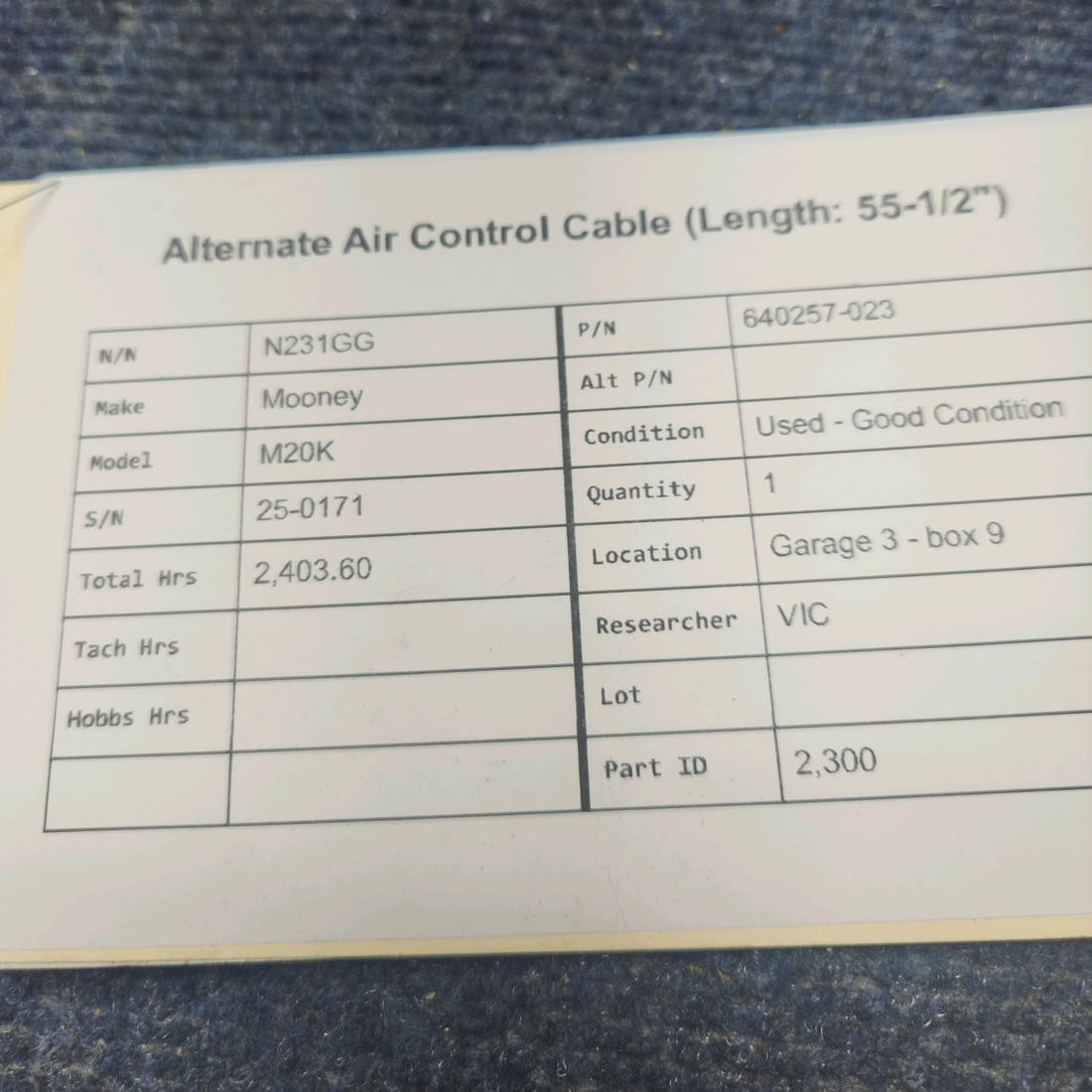 Used aircraft parts for sale, 640257-023 Mooney M20K ALTERNATE AIR CONTROL CABLE (LENGTH: 55-1/2")