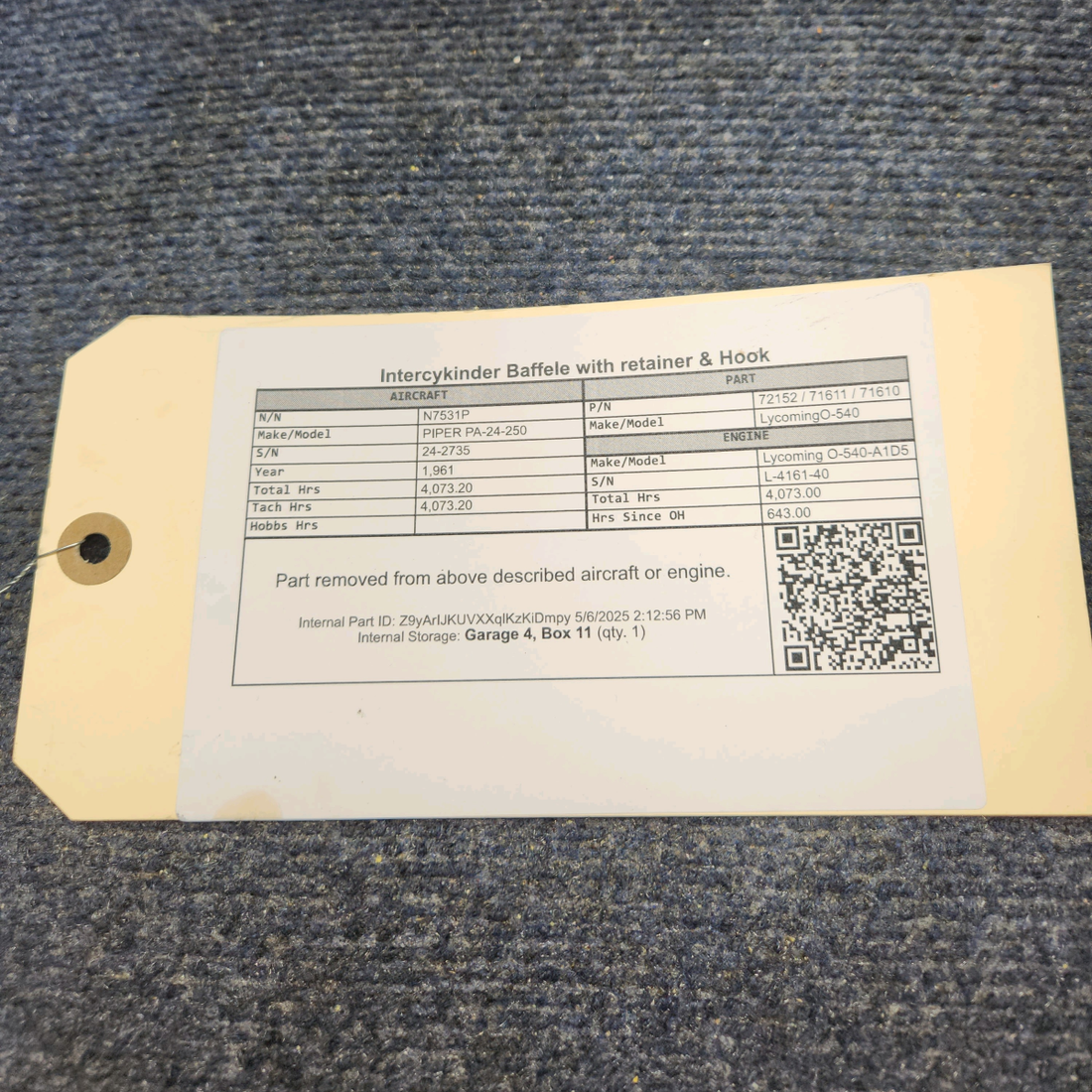 Used aircraft parts for sale, 72152 / 71611 / 71610 Lycoming O-540 PIPER PA-24-250 Intercylinder Baffele with retainer  & Hook