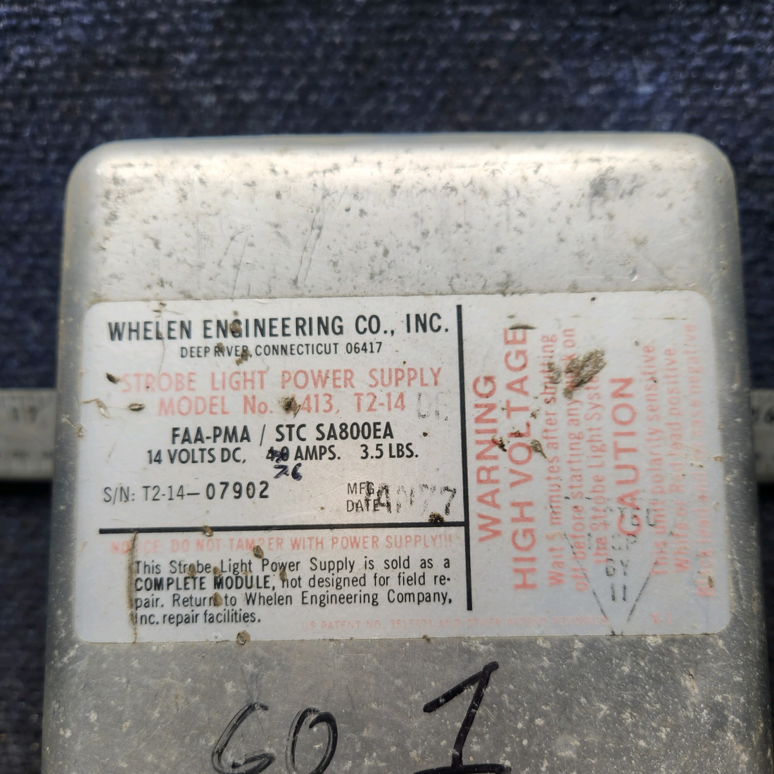 Used aircraft parts for sale, A413,T2-14 Whelen A413 Strobe Light Power Supply (14V)