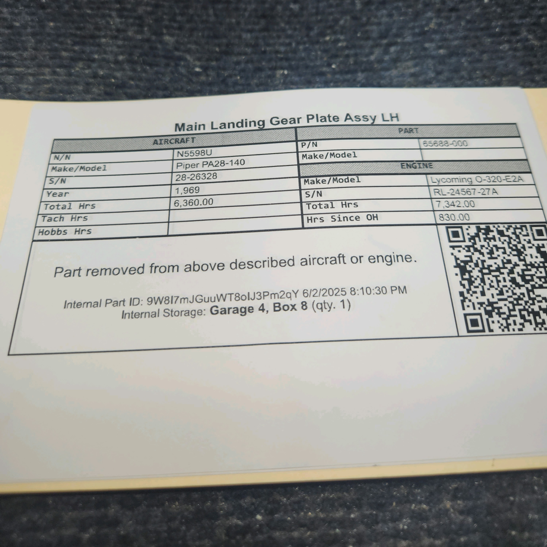 Used aircraft parts for sale, 65688-000 Piper PA28-140 Main Landing Gear Plate Assy LH