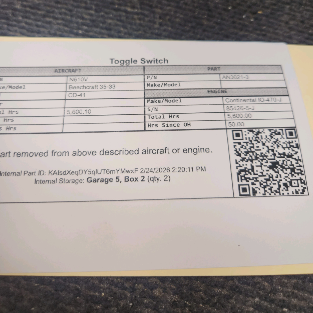 Used aircraft parts for sale, AN3021-3 Beechcraft 35-33 Toggle Switch