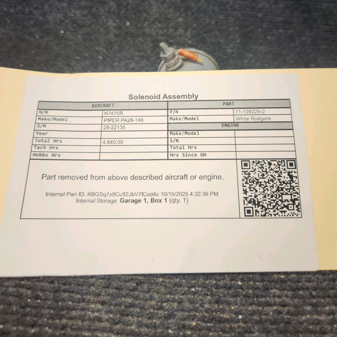 Used aircraft parts for sale, 71-109225-2 White Rodgers PIPER PA28-140 Solenoid Assembly