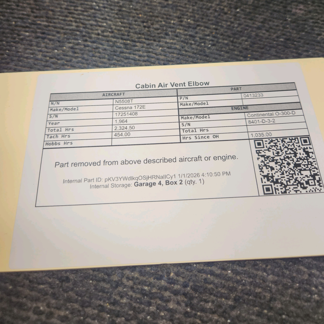 Used aircraft parts for sale, 0413233 Cessna 172E Cabin Air Vent Elbow