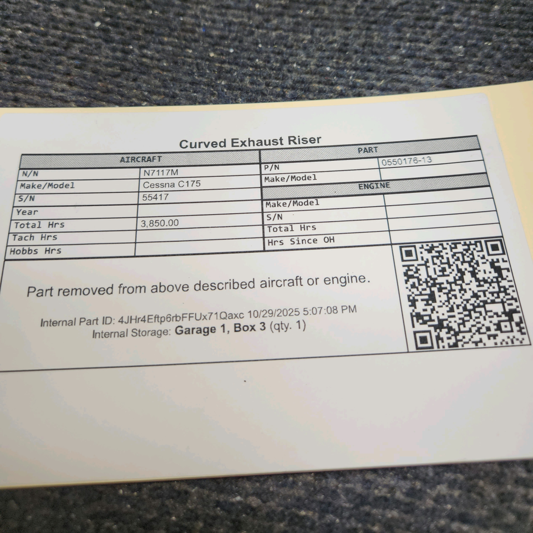 Used aircraft parts for sale, 0550176-13 Continental O-300 Cessna C175 Curved Exhaust Riser