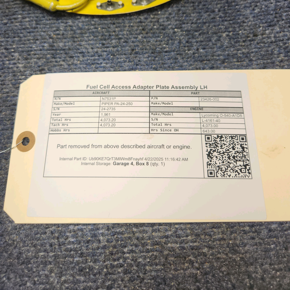 Used aircraft parts for sale, 23426-002 PIPER PA-24-250 Fuel Cell Access  Plate Assembly LH