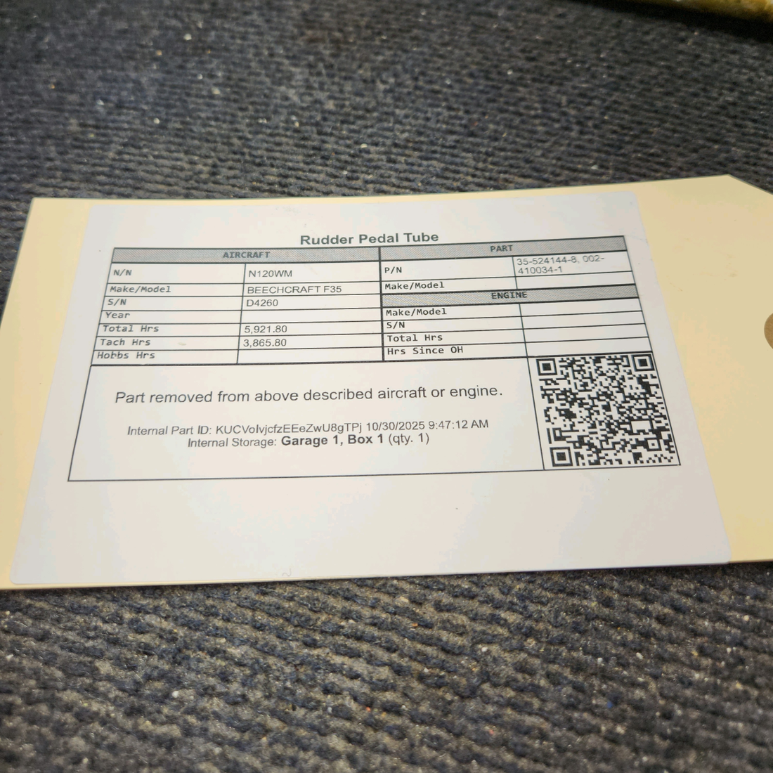Used aircraft parts for sale, 35-524144-8 BEECHCRAFT F35 Rudder Pedal Tube