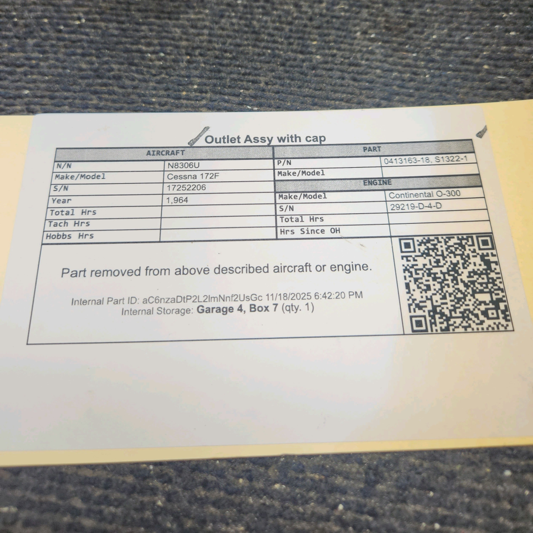 Used aircraft parts for sale, 0413163-18 Cessna 172F Outlet Assy with cap