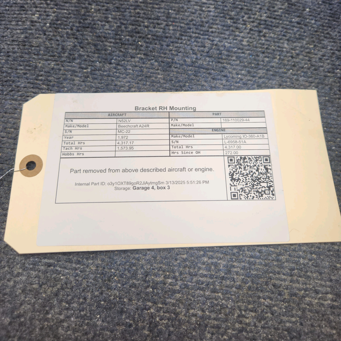 Used aircraft parts for sale, 169-110029-44 Beechcraft A24R Mounting Bracket RH