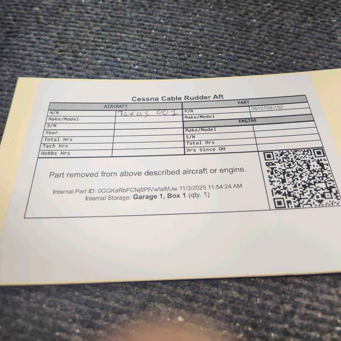 Used aircraft parts for sale, 0510105-152 Cessna Cable Rudder Aft