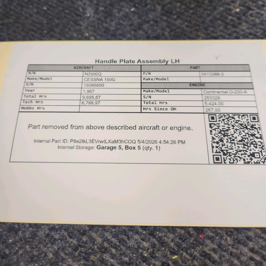 Used aircraft parts for sale, 0413388-3 cessna 150G Handle Plate Assembly – LH