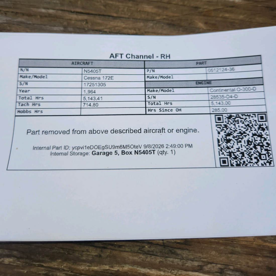 Used aircraft parts for sale, 0512124-36 Cessna 172E AFT Channel - RH
