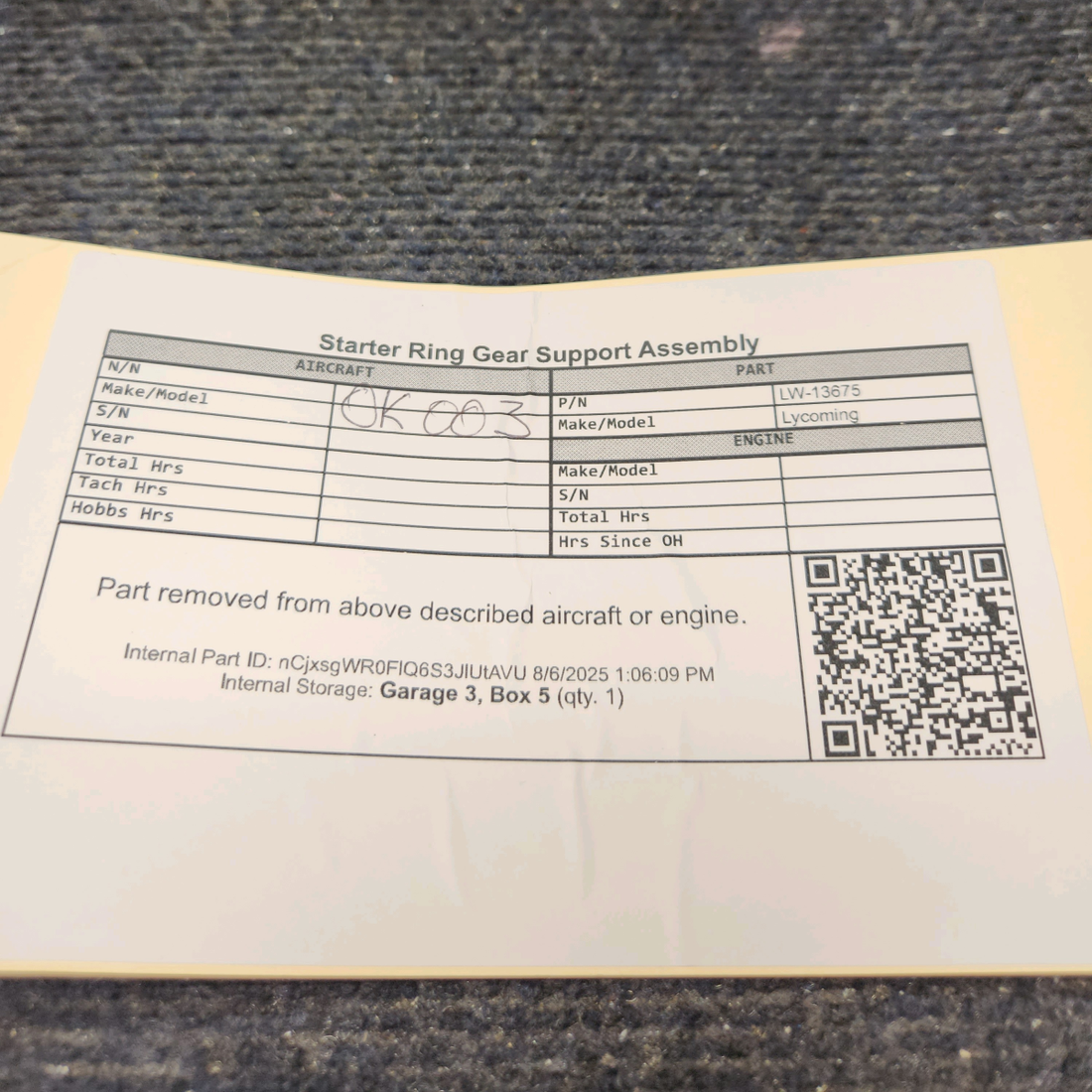 Used aircraft parts for sale, LW-13675 Lycoming Starter Ring Gear Support Assembly