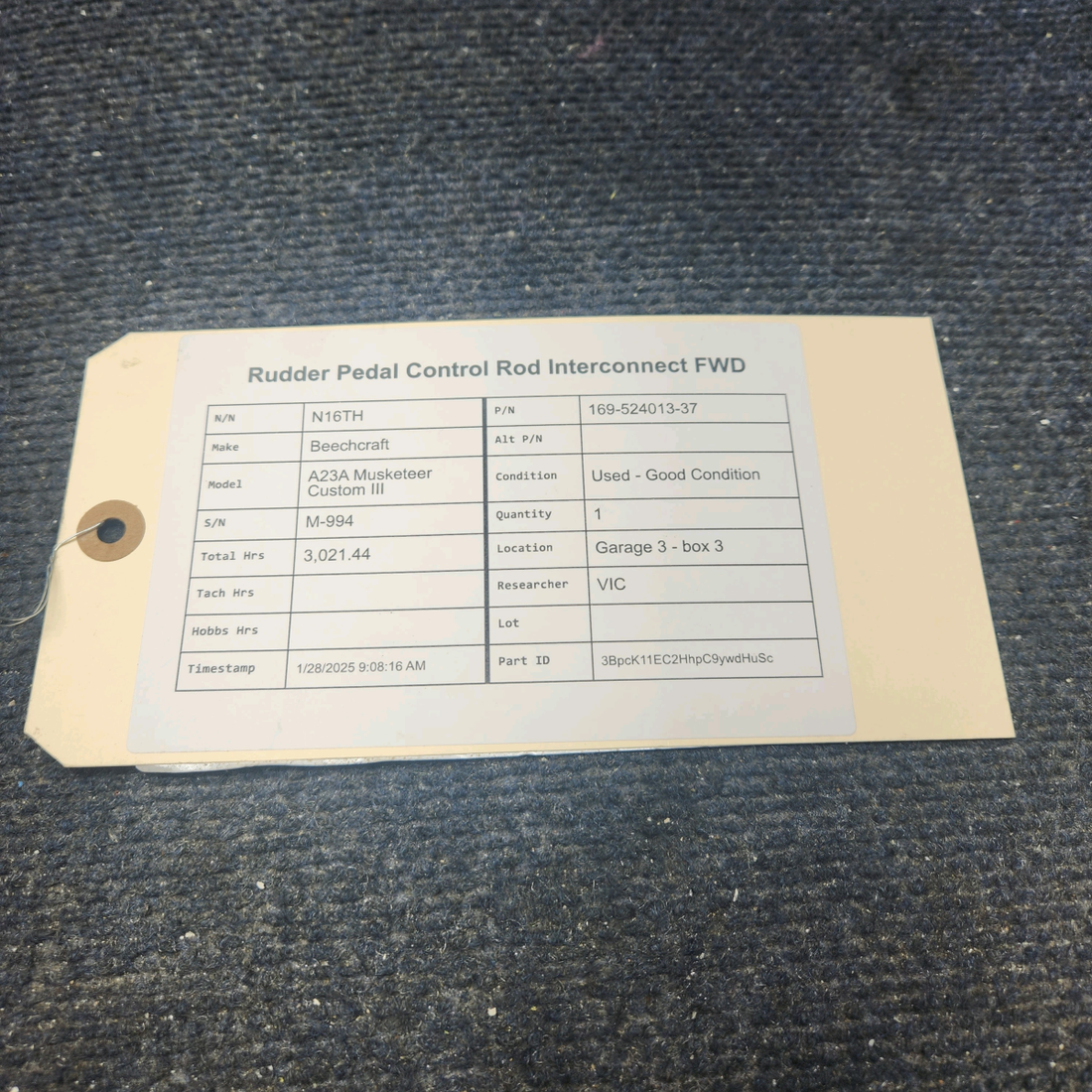 Used aircraft parts for sale, 169-524013-37 Beechcraft A23A Musketeer Custom III RUDDER PEDAL CONTROL ROD INTERCONNECT FWD