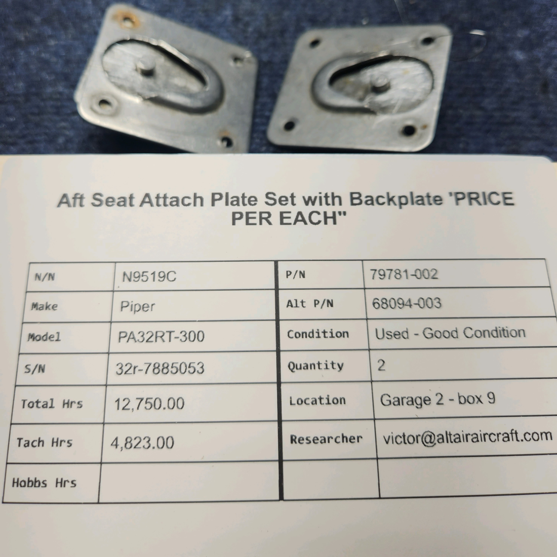 Used aircraft parts for sale, 79781-002 Piper PA32RT-300 AFT SEAT ATTACH PLATE SET WITH BACKPLATE PRICE PER EACH