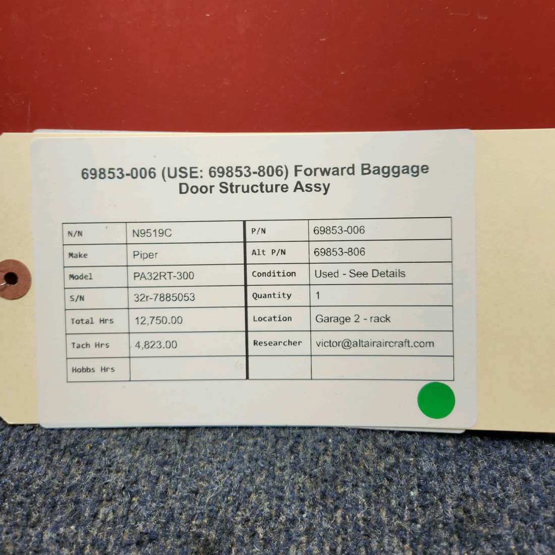 Used aircraft parts for sale, 69853-006 & 69853-806 Piper PA32RT-300 FORWARD BAGGAGE DOOR STRUCTURE ASSY PLEASE SEE PICS.