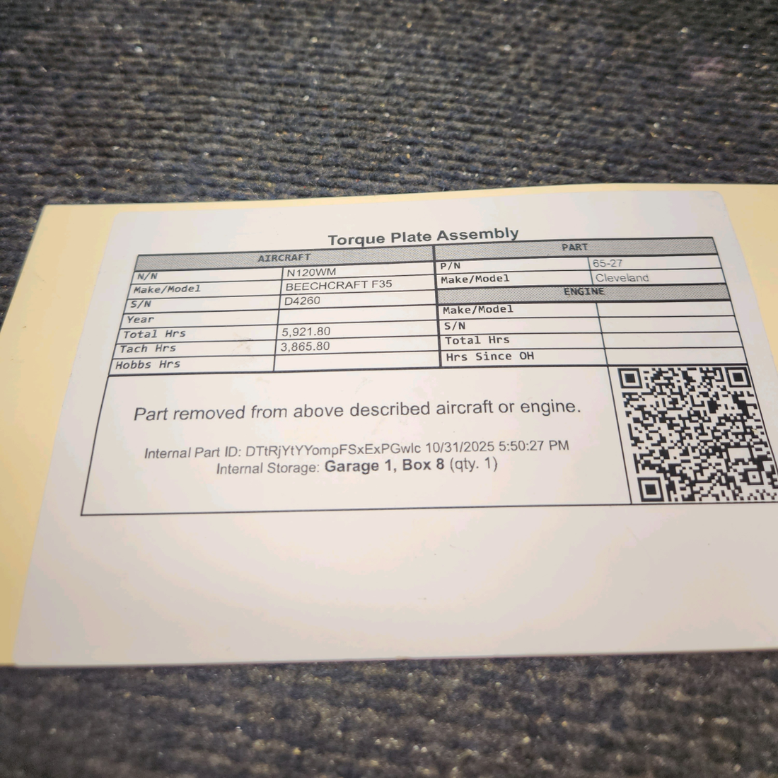 Used aircraft parts for sale, 65-27 Cleveland BEECHCRAFT F35 Torque Plate Assembly