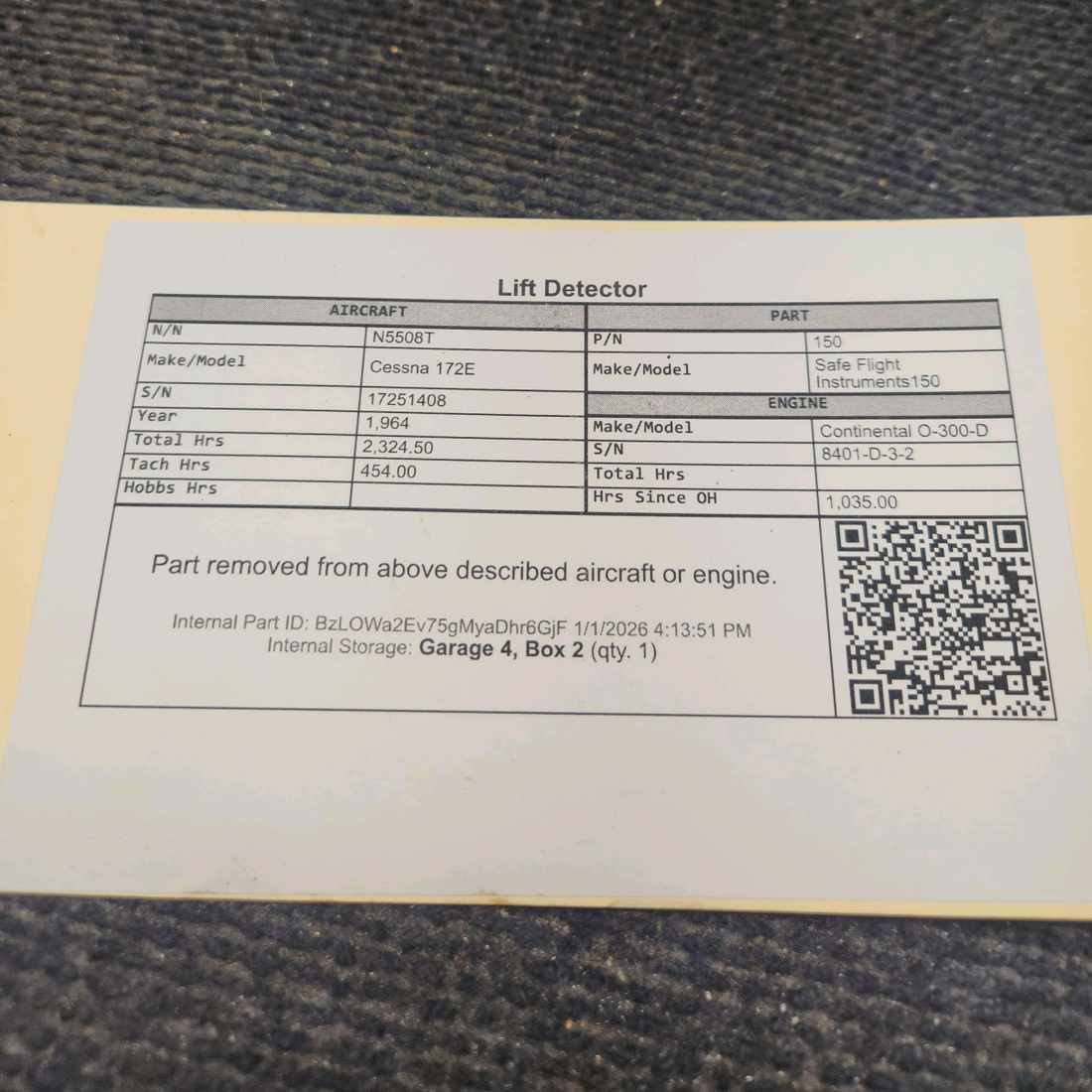 Used aircraft parts for sale, 150 Safe Flight Instruments 150 Cessna 172E Lift Detector