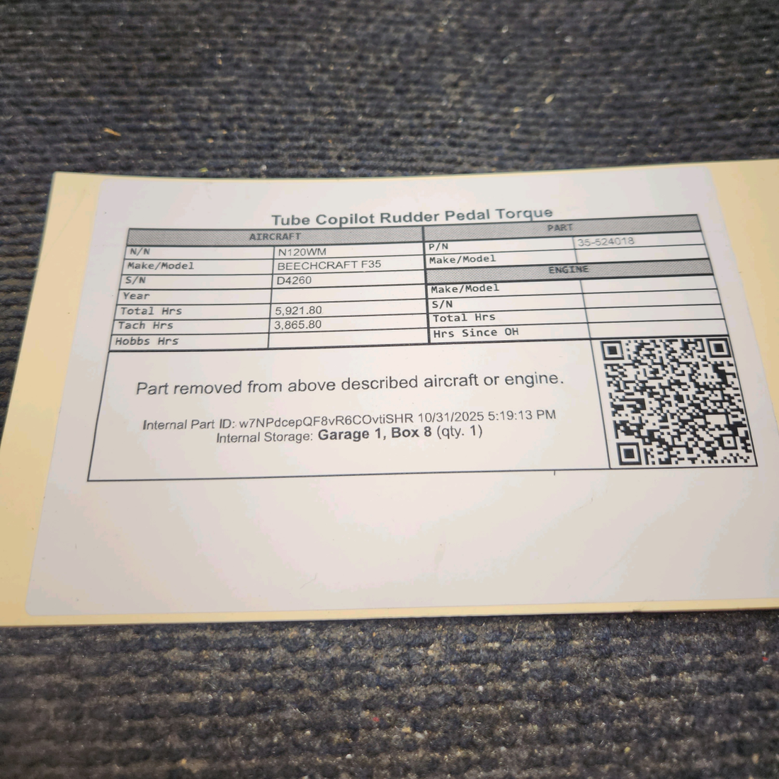 Used aircraft parts for sale, 35-524018 BEECHCRAFT F35 Tube Copilot Rudder Pedal Torque