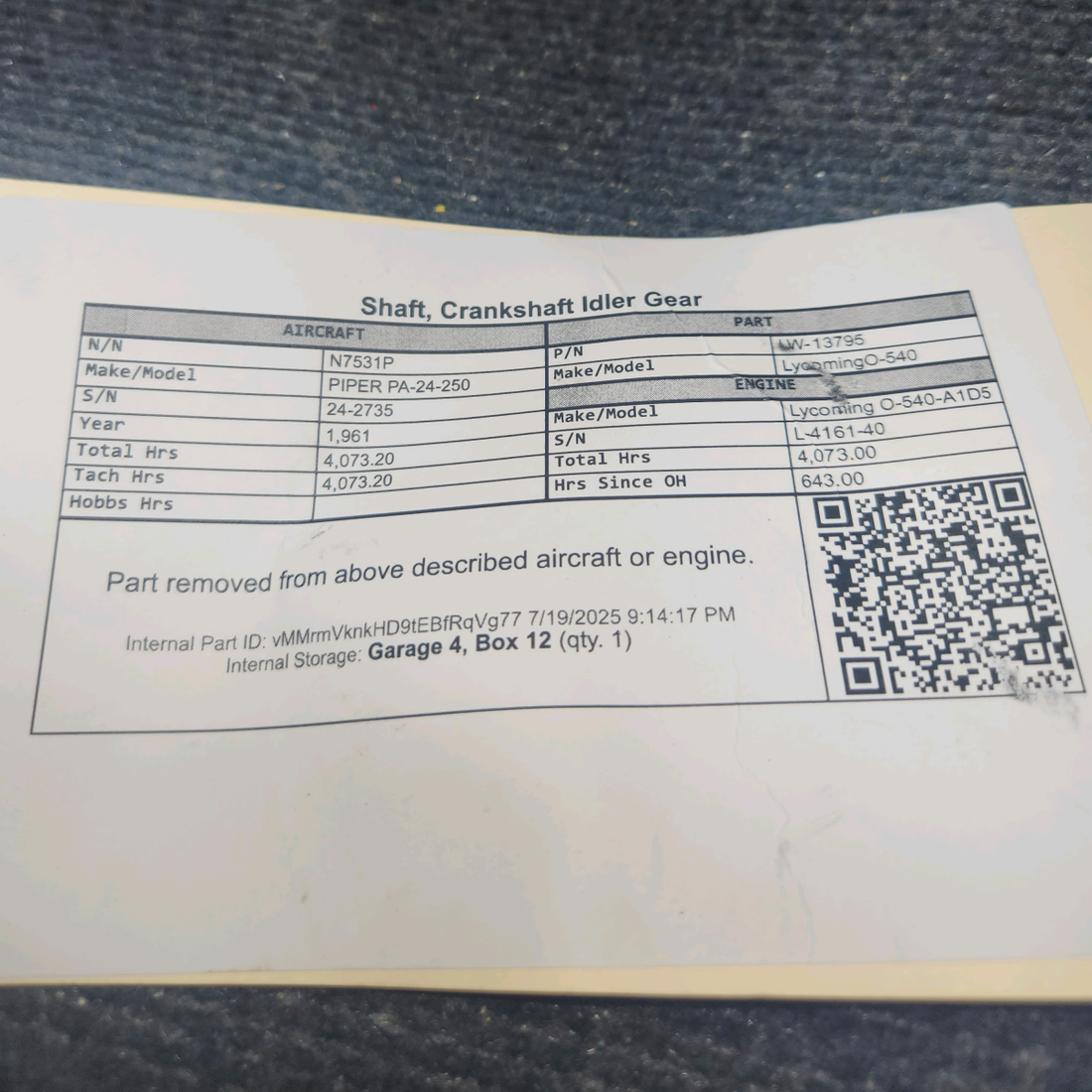 Used aircraft parts for sale, LW-13795 Lycoming O-540 PIPER PA-24-250 Shaft, Crankshaft Idler Gear