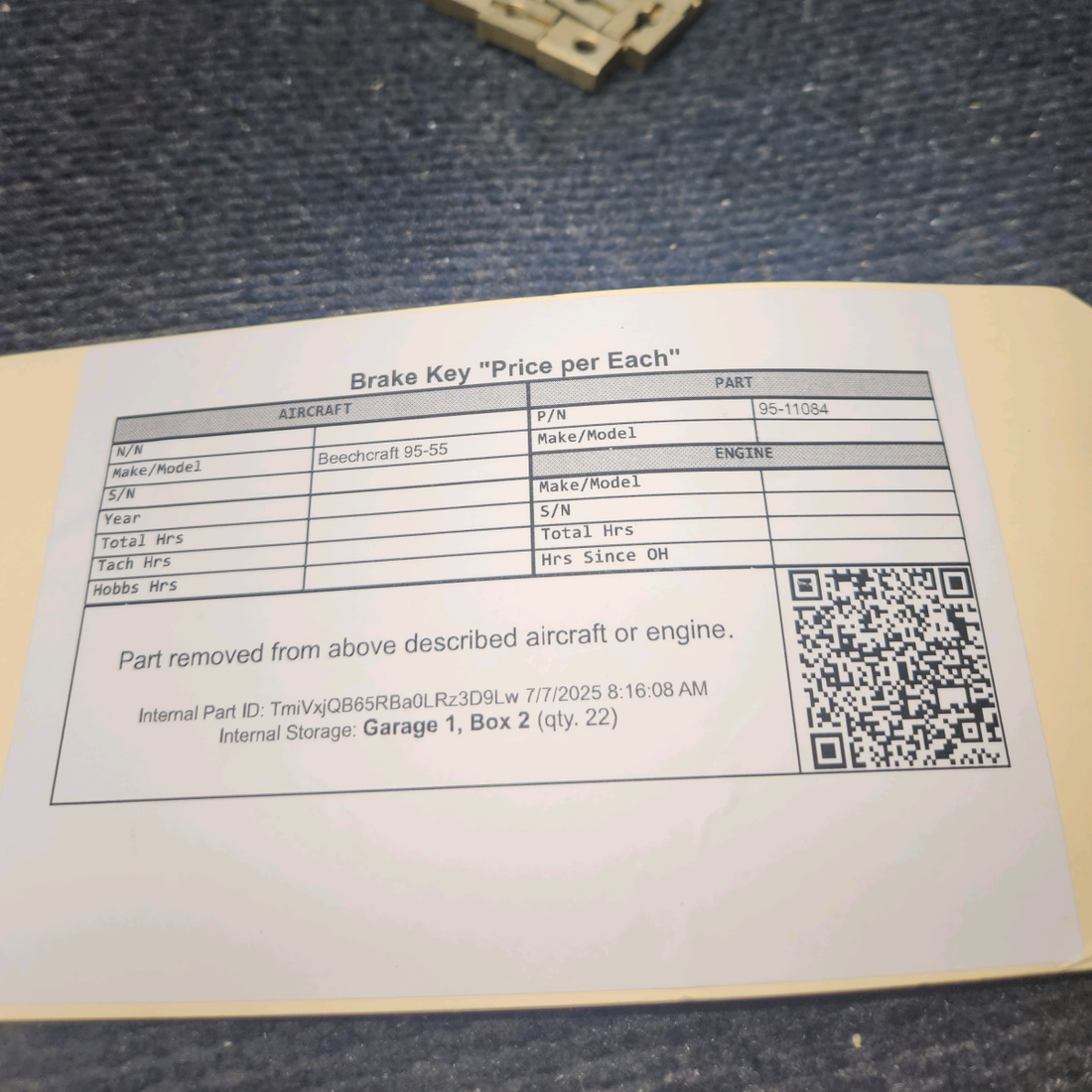 Used aircraft parts for sale, 95-11084 Beechcraft 95-55 Brake Key "Price per Each"