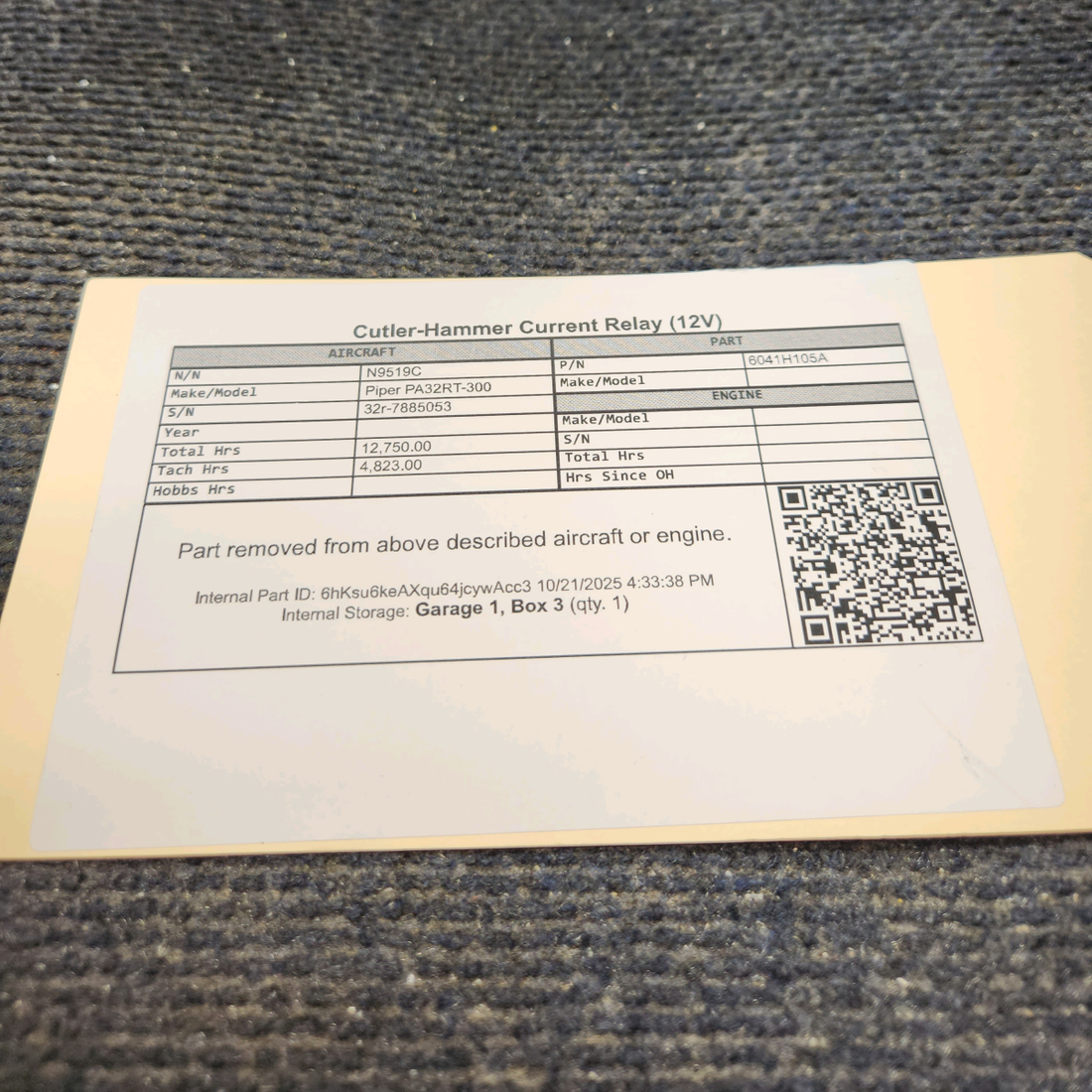 Used aircraft parts for sale, 6041H105A Cutler Hammer Piper PA32RT-300 Current Relay (12V)
