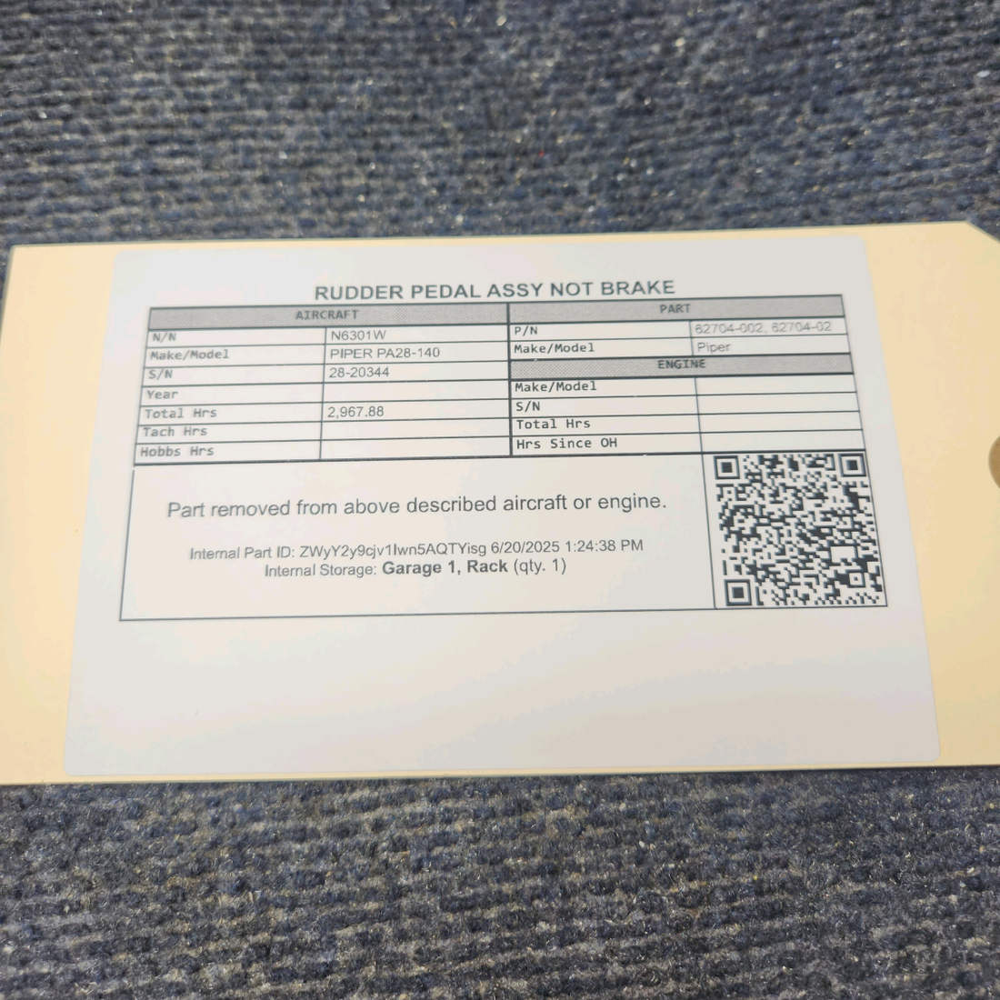 Used aircraft parts for sale, 62704-002 PIPER PA28-140 Rudder Pedal Assembly - No Brake