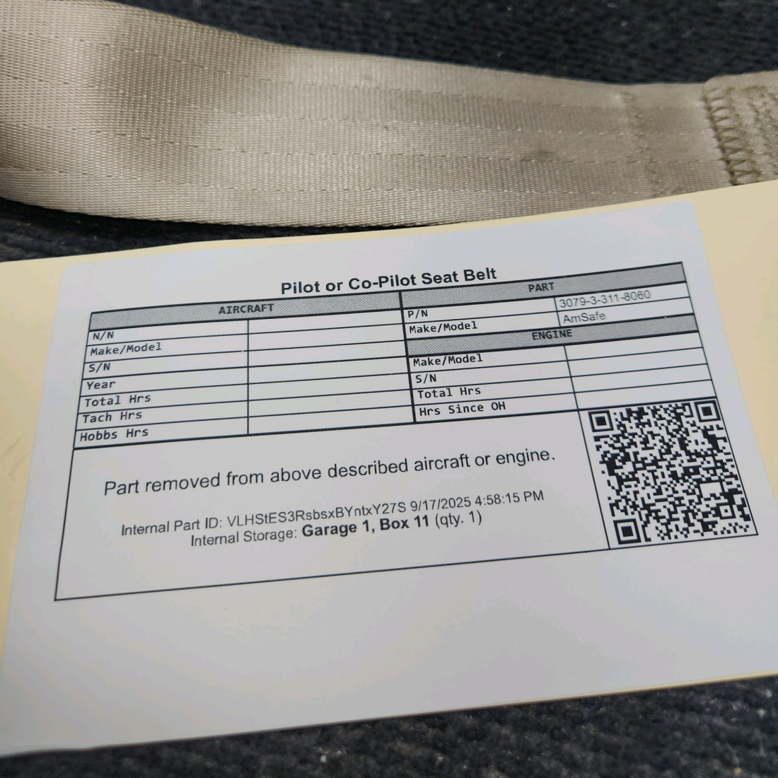Used aircraft parts for sale, 3079-3-311-8060 AmSafe Beechcraft 95-55B Pilot or Co-Pilot Seat Belt