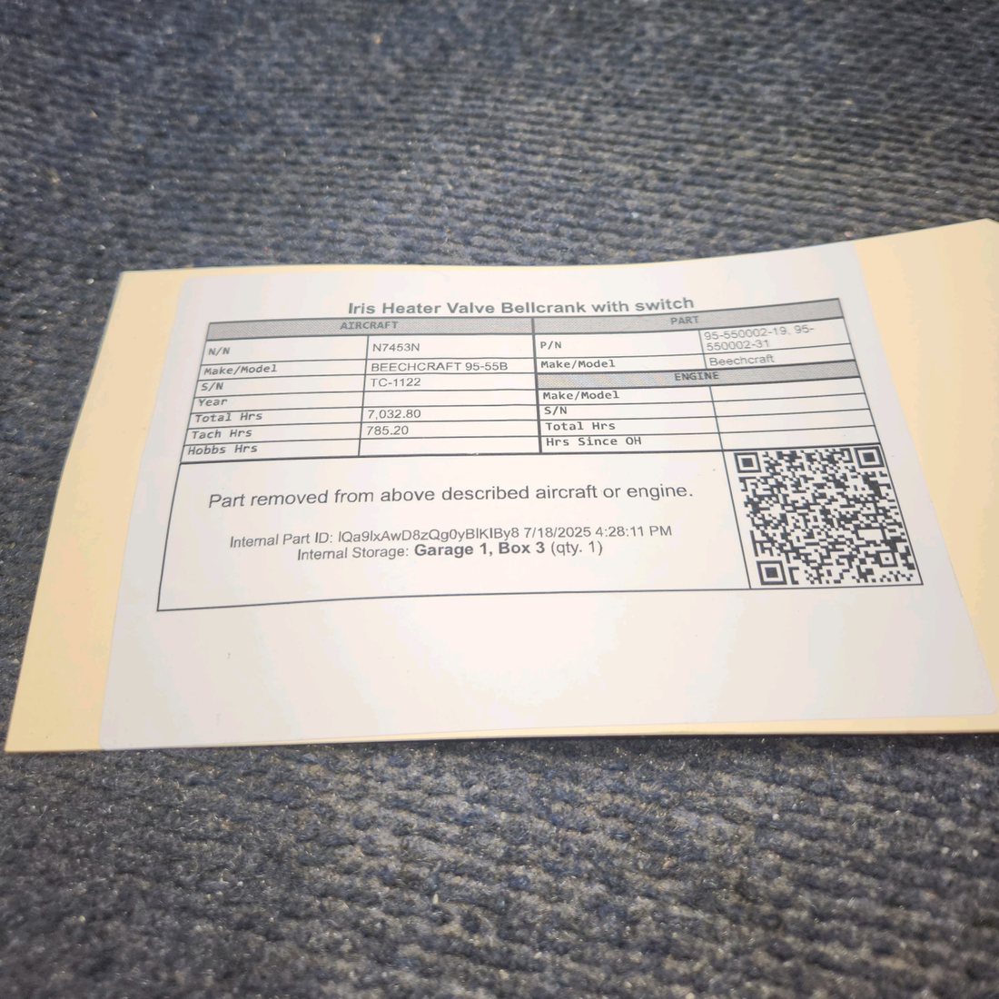 Used aircraft parts for sale, 95-550002-19 BEECHCRAFT 95-55B Iris Heater Control Bellcrank w/ Switch