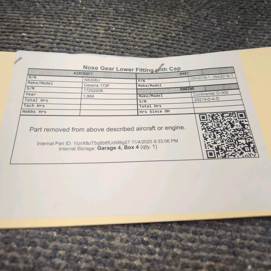 Used aircraft parts for sale, 0543016-1, 0543018-1 Cessna 172F Nose Gear Lower Fitting with Cap