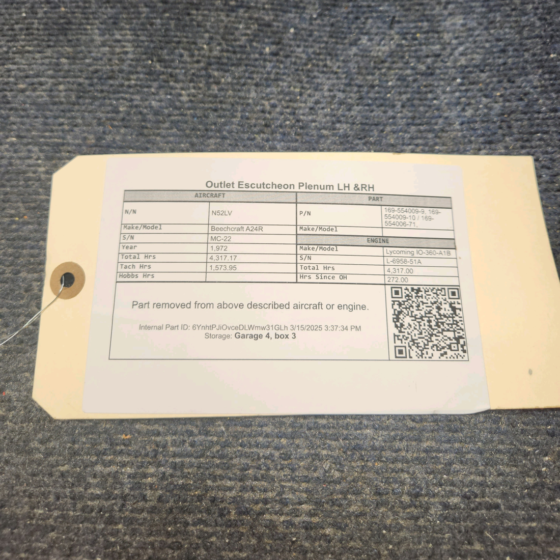 Used aircraft parts for sale, 169-554009-9 Beechcraft A24R Outlet Escutcheon Plenum LH &RH