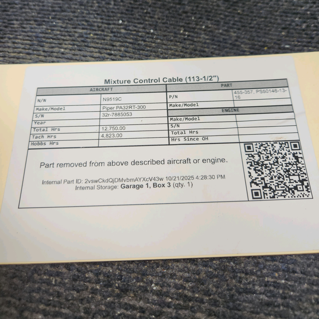 Used aircraft parts for sale, 455-357 Piper PA32RT-300 Mixture Control Cable (113-1/2")