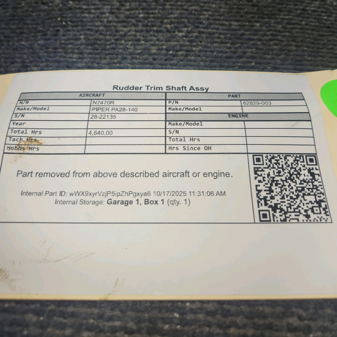 Used aircraft parts for sale, 62829-003 Piper PA28-140 Rudder Trim Shaft Assy