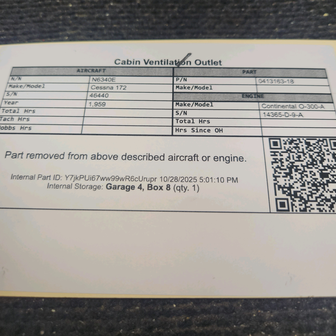 Used aircraft parts for sale, 0413163-18 Cessna 172 Cabin Ventilation Outlet