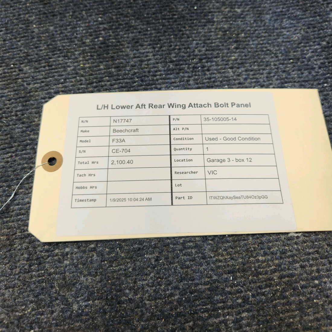 Used aircraft parts for sale, 35-105005-14 Beechcraft F33A L/H LOWER AFT REAR WING ATTACH BOLT PANEL