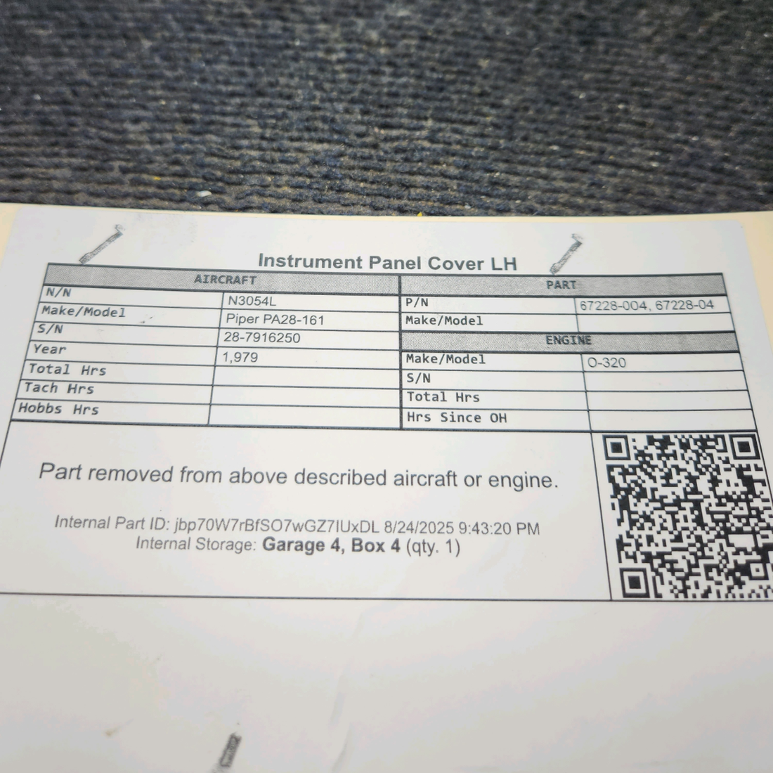 Used aircraft parts for sale, 67228-004 Piper PA28-161 Instrument Panel Cover - LH