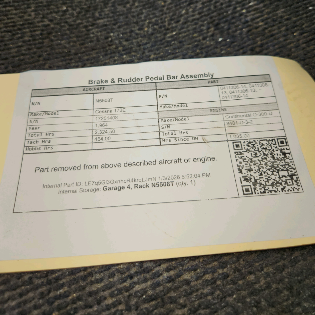 Used aircraft parts for sale, 0411306-14, 0411306-13 Cessna 172E Brake & Rudder Pedal Bar Assembly