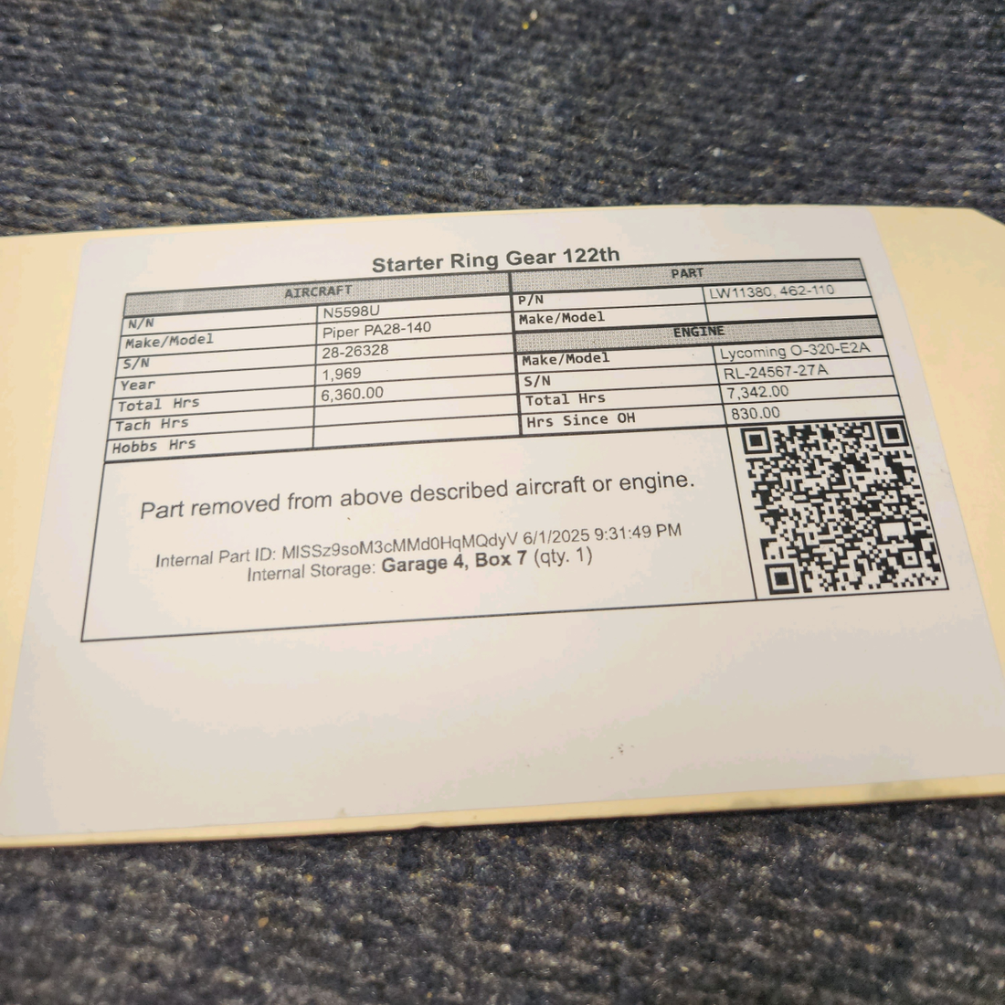 Used aircraft parts for sale, LW11380 Piper PA28-140 Starter Ring Gear 122th